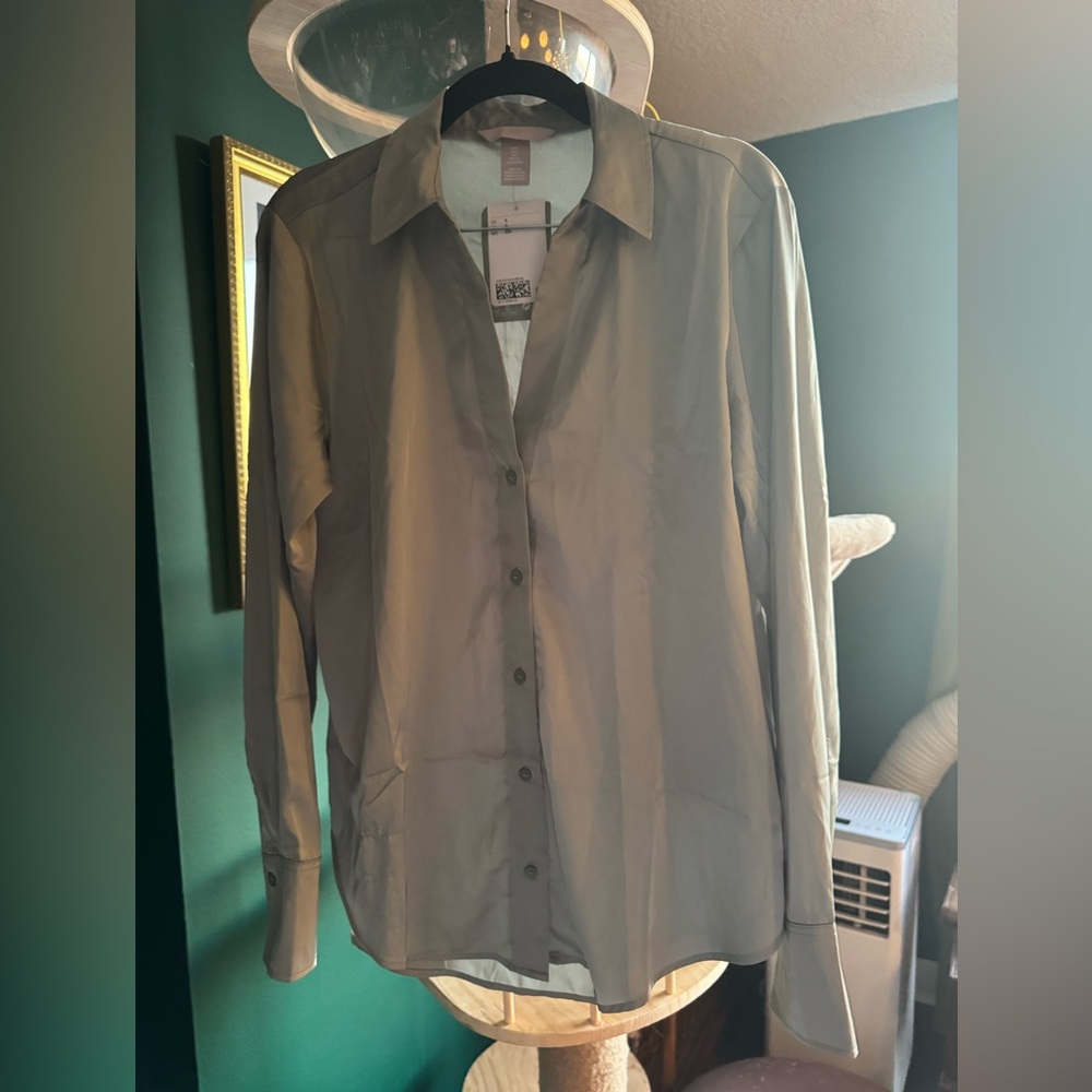 Green satin long sleeve blouses, H&M, small, NWT